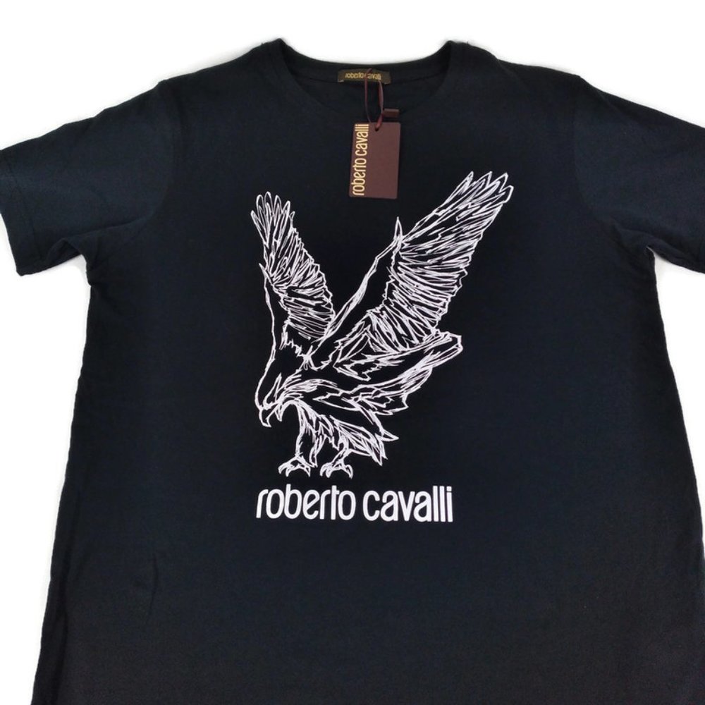 NWT Roberto Cavalli Men's Crew Neck Eagle Graphic Serigrafata T-Shirt Black XL